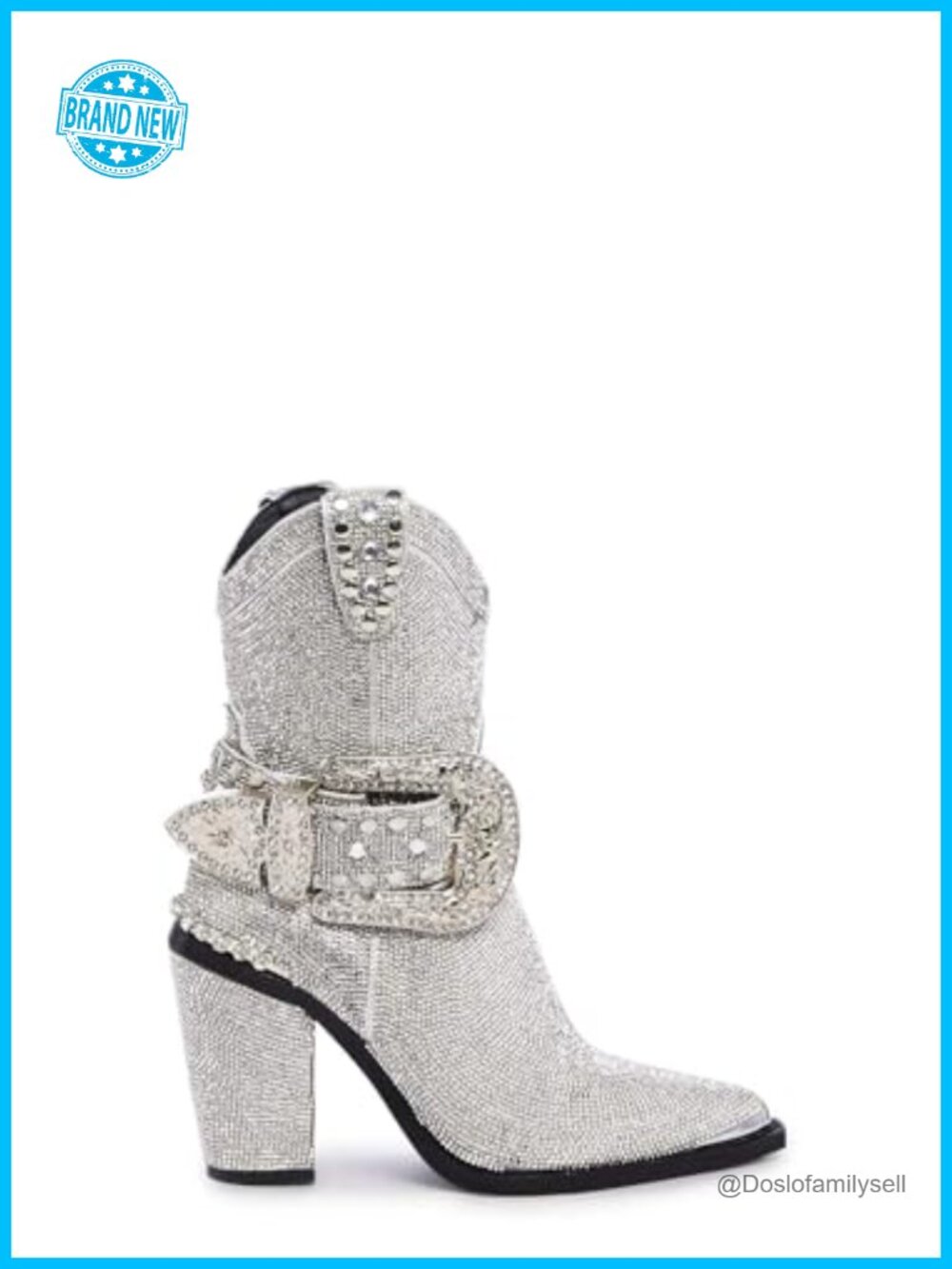 Vegan Leather Rhinestone Encrusted Pointed Toe Cowboy Boots Mid-Calf